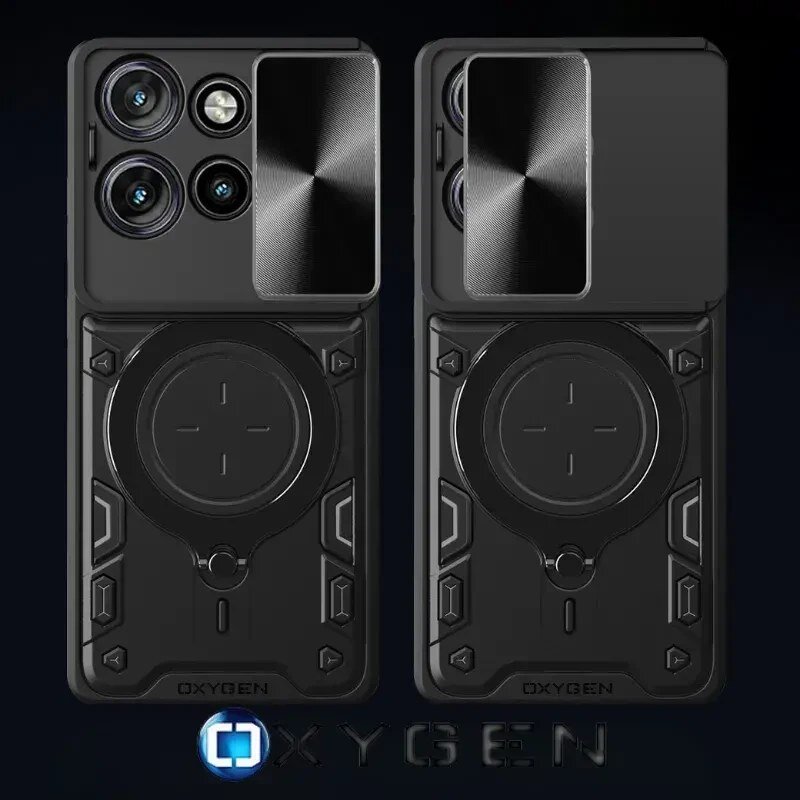 Obraz przedstawia dwa czarne etui na telefon z widocznymi okrągłymi wycięciami na aparaty i logo \'OXYGEN\' na dole. Na dole obrazu znajduje się również logo \'OXYGEN\' z niebieskim symbolem.