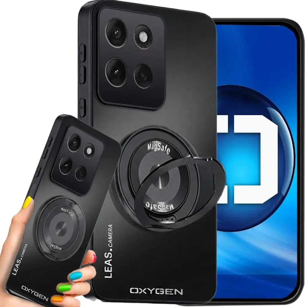 Obraz przedstawia czarne etui na telefon z napisem \'OXYGEN\' i \'LEAS. CAMERA\', z widocznym pierścieniem MagSafe. W tle znajduje się ekran telefonu z niebieskim logo i literą \'D\'.