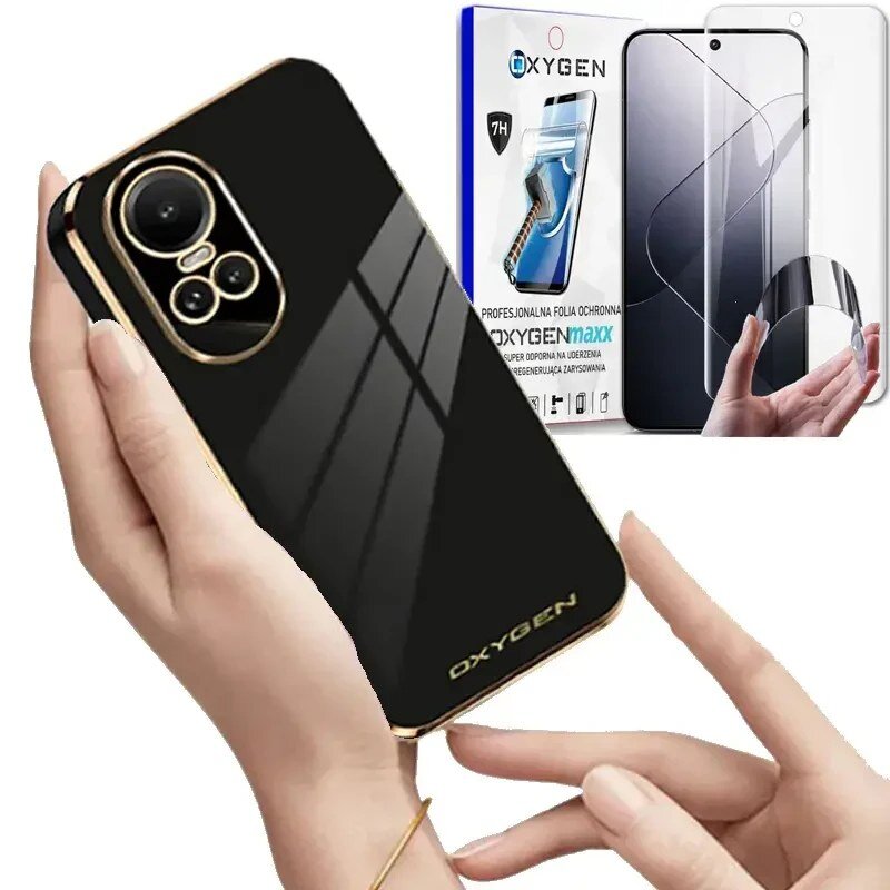 Na obrazie widoczne jest czarne etui na telefon z napisem \'OXYGEN\' oraz opakowanie z folią ochronną z napisem \'OXYGEN MAXX\'.