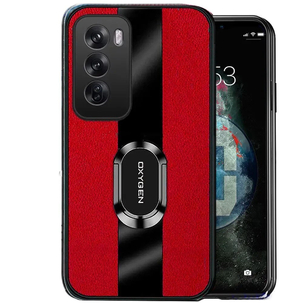Etui na telefon w kolorze czerwonym z czarnym pionowym paskiem i napisem \'OXYGEN\'. Obok widoczny jest fragment telefonu z wyświetlaczem.