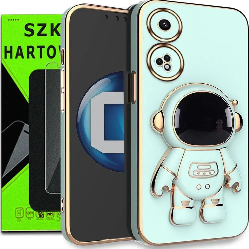 Na obrazie widoczne jest etui na telefon z motywem astronauty oraz opakowanie szkła hartowanego z napisem \'SZKLO HARTOWANE\'. Etui ma jasny kolor z elementami złotymi, a opakowanie szkła jest w kolorze zielonym.