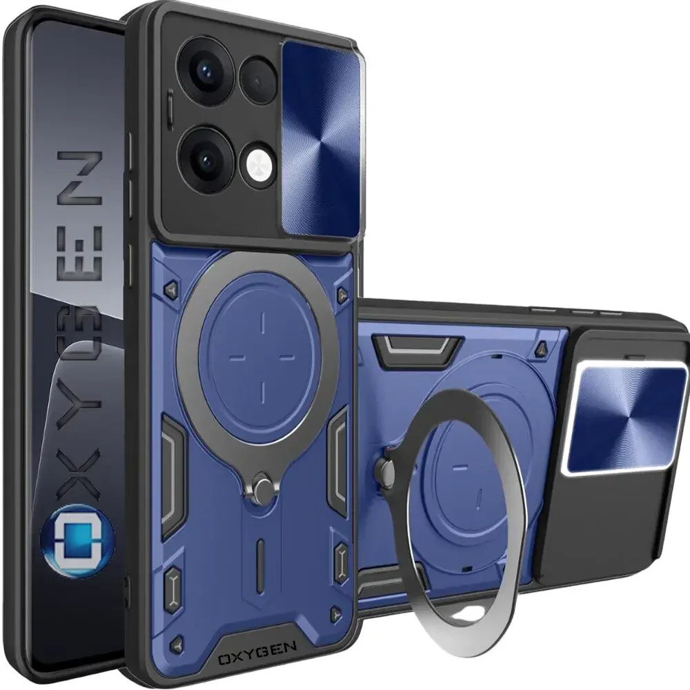 Na obrazie widoczne jest etui na telefon w kolorze niebieskim z czarnymi elementami, z napisem \'OXYGEN\'. Etui posiada okrągły uchwyt oraz miejsce na aparat z trzema obiektywami i lampą błyskową.