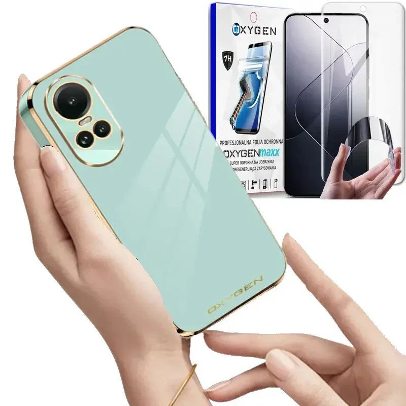 Na zdjęciu widać rękę trzymającą telefon w jasnozielonym etui z napisem \'OXYGEN\' oraz opakowanie z folią ochronną z napisem \'OXYGEN MAXX\'.