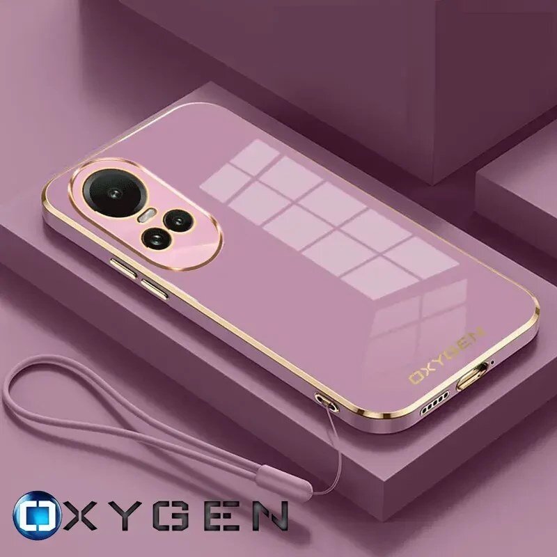 Na obrazie widoczne jest różowe etui na telefon z metalicznymi krawędziami i napisem \'OXYGEN\'. Obok etui znajduje się różowy pasek na rękę, a w dolnej części obrazu widoczne jest logo OXYGEN.