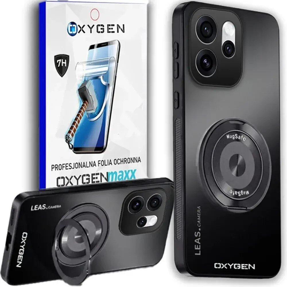 Na obrazie widoczne jest czarne etui na telefon z napisem \'OXYGEN\' oraz opakowanie z napisem \'PROFESJONALNA FOLIA OCHRONNA OXYGENmaxx\'. Etui posiada okrągły element z napisem \'MagSafe\'.
