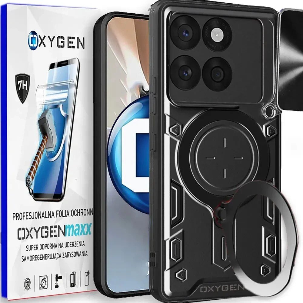 Obraz przedstawia etui na telefon z czarnym, nowoczesnym wzorem oraz opakowanie z napisem \'OXYGEN\' i \'PROFESJONALNA FOLIA OCHRONNA OXYGENmaxx SUPER ODPORNA NA UDERZENIA SAMOREGENERUJĄCA ZARYSOWANIA\'.