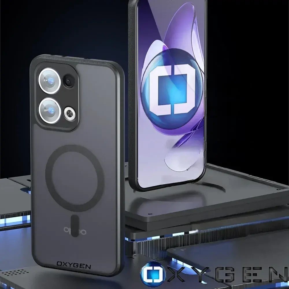 Na obrazie widoczne jest etui na telefon z napisem \'OXYGEN\' oraz logo. Obok znajduje się telefon z wyświetlaczem pokazującym abstrakcyjny wzór.