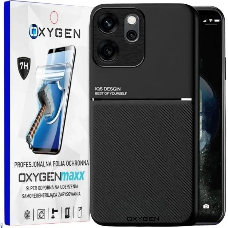 Na obrazie widoczne jest czarne etui na telefon z napisem \'IQS DESIGN BEST OF YOURSELF\' oraz opakowanie z napisem \'OXYGENmaxx PROFESJONALNA FOLIA OCHRONNA SUPER ODPORNA NA UDERZENIA SAMOREGENERUJĄCA ZARYSOWANIA\'.