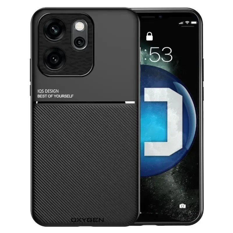 Obraz przedstawia czarne etui na telefon z tekstem \'IQS DESIGN BEST OF YOURSELF\' oraz \'OXYGEN\' na dole. W tle widoczny jest telefon z wyświetlaczem pokazującym godzinę 1:53 i ikonę kłódki.