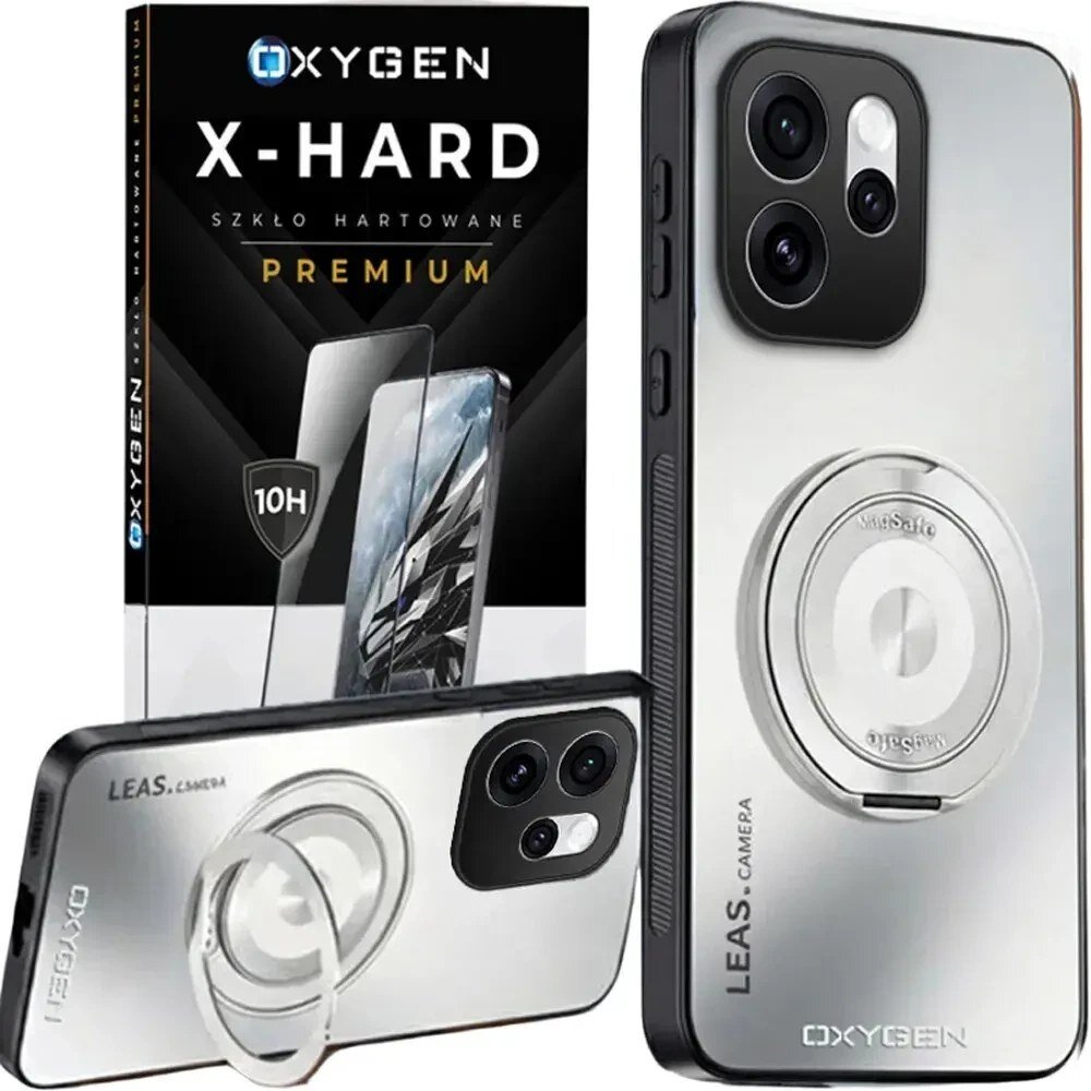 Na obrazie widoczne jest etui na telefon z metalicznym wykończeniem i pierścieniem na tylnej części, obok opakowania z napisem \'OXYGEN X-HARD SZKŁO HARTOWANE PREMIUM\'.