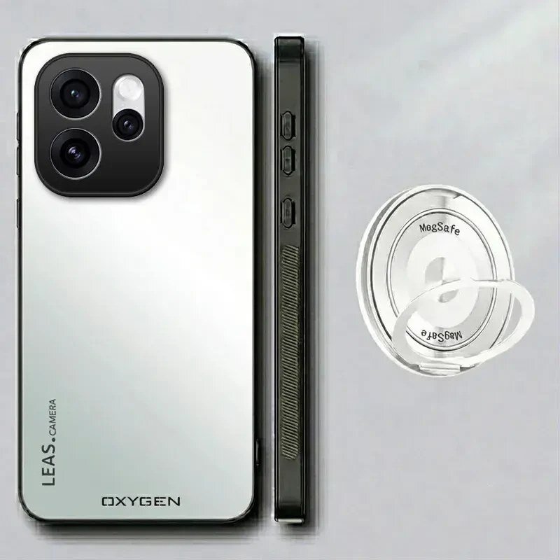 Obraz przedstawia etui na telefon z napisem \'LEAS CAMERA\' i \'OXYGEN\'. Obok znajduje się okrągły uchwyt z napisem \'MagSafe\'.