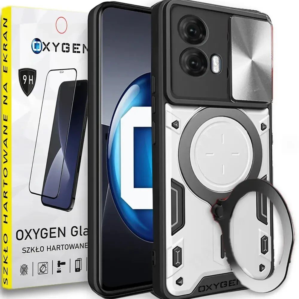 Obraz przedstawia etui na telefon z napisem \'OXYGEN\' oraz szkło hartowane 9H. W tle widoczna jest grafika opakowania z tekstem \'SZKŁO HARTOWANE NA EKRAN\'.