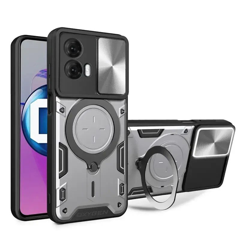 Obraz przedstawia etui na telefon z metalicznym wykończeniem i okrągłym uchwytem. Na etui widoczny jest napis \'OXYGEN\'.