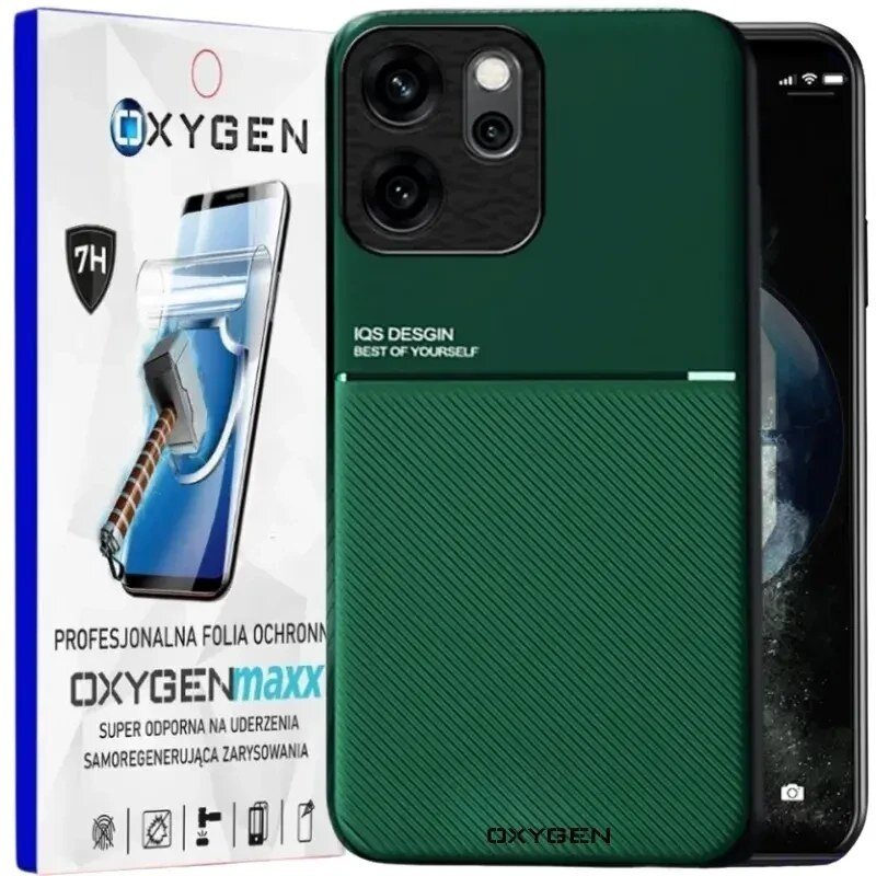 Na obrazie widoczne jest zielone etui na telefon z napisem \'IQS DESIGN BEST OF YOURSELF\' oraz opakowanie z napisem \'OXYGENmaxx PROFESJONALNA FOLIA OCHRONNA SUPER ODPORNA NA UDERZENIA SAMOREGENERUJĄCA ZARYSOWANIA\'.