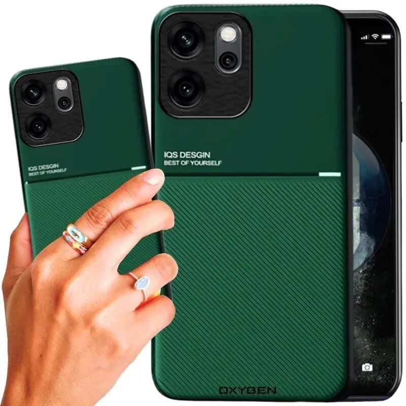Zielone etui na telefon z napisem \'IQS DESIGN BEST OF YOURSELF\' oraz logo \'OXYGEN\' na dole. Etui ma teksturowaną powierzchnię i wycięcia na aparat.