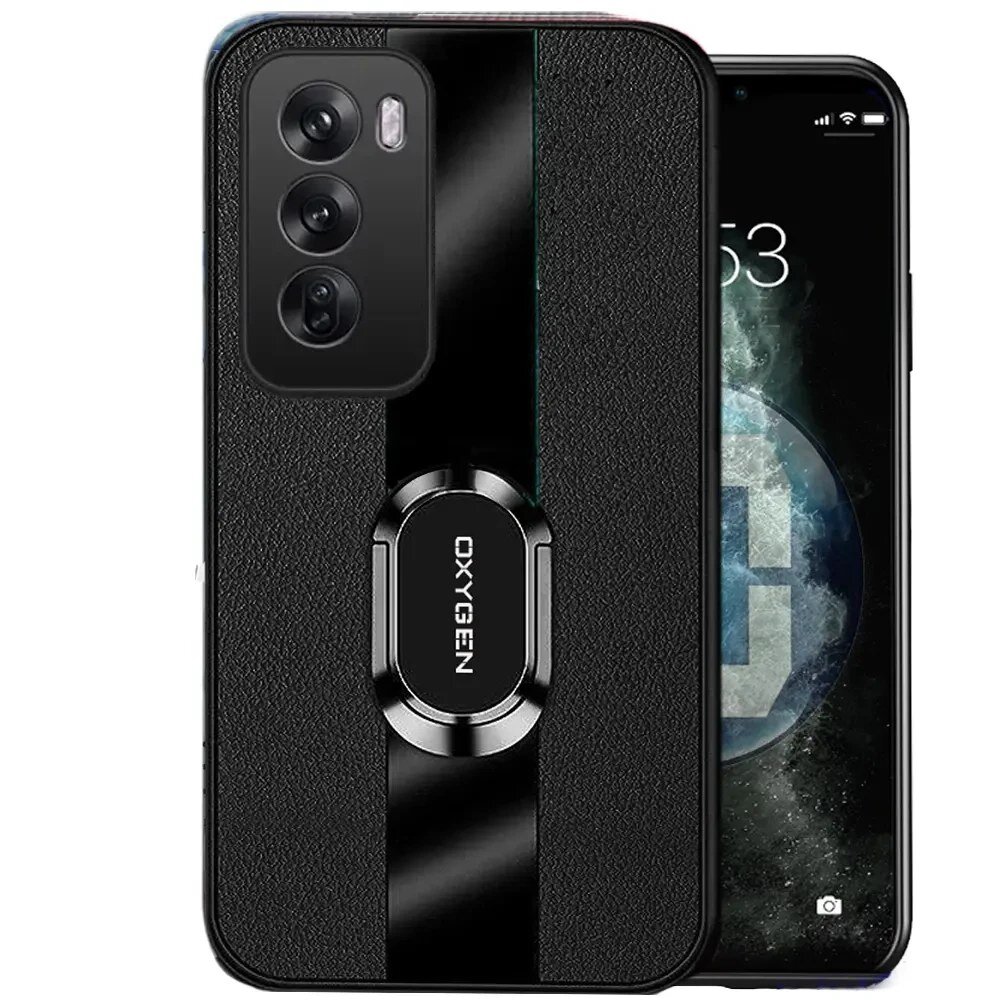 Czarne etui na telefon z teksturą, posiadające pionowy, błyszczący pasek oraz napis \'OXYGEN\'. Widoczny jest również telefon z wyświetlaczem pokazującym godzinę 10:53.