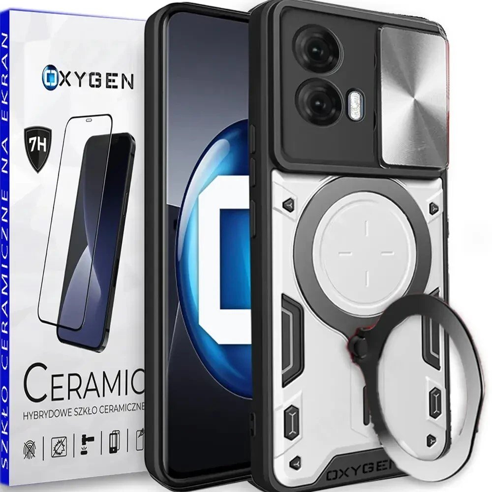 Na obrazie widoczne jest etui na telefon z białymi i czarnymi elementami oraz szkło ochronne. Obok znajduje się opakowanie z napisem \'OXYGEN\' i \'CERAMIC HYBRYDOWE SZKŁO CERAMICZNE\'.