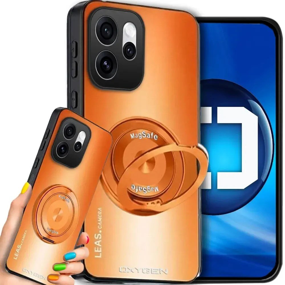 Obraz przedstawia pomarańczowe etui na telefon z napisem \'MagSafe\' oraz \'OXYGEN\'. W tle widoczny jest ekran telefonu z niebieskim logo przypominającym literę \'D\'.