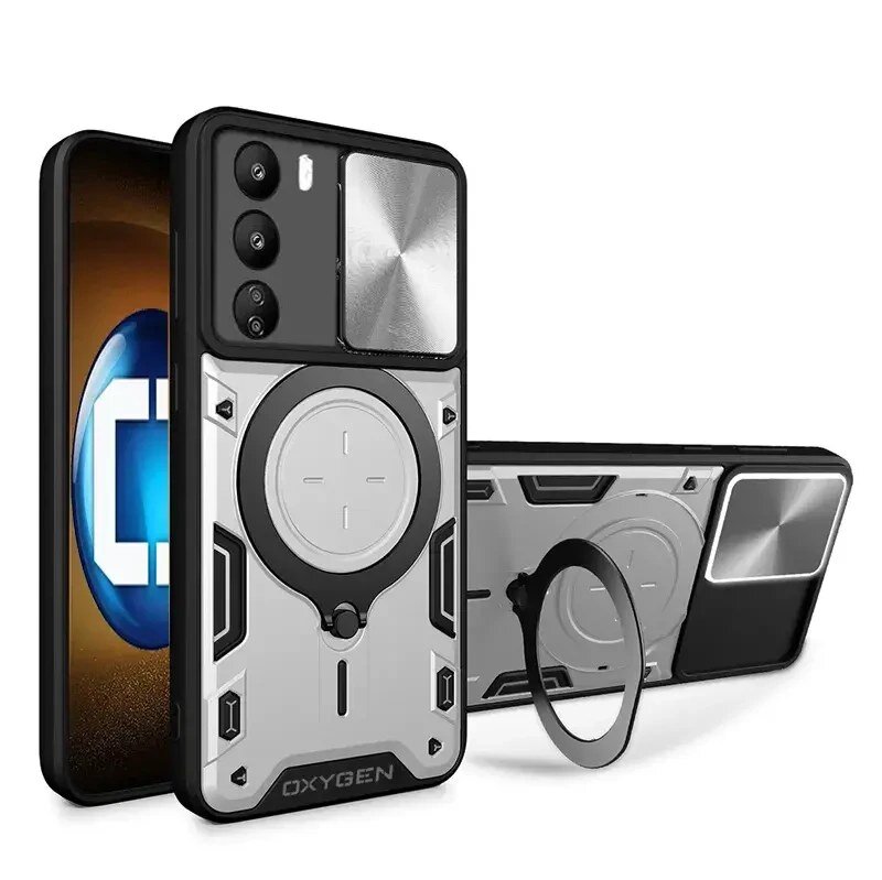 Obraz przedstawia etui na telefon z napisem \'OXYGEN\', z trzema otworami na aparaty i metalicznym wykończeniem. Etui ma również okrągły uchwyt na tylnej części.