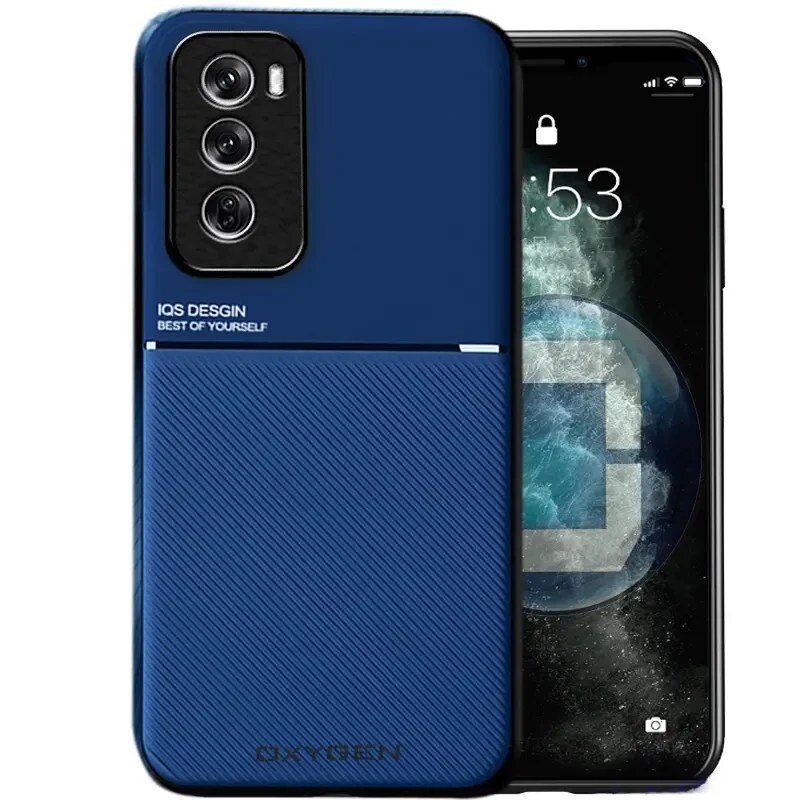 Na obrazie widoczne jest niebieskie etui na telefon z trzema otworami na aparaty oraz napisem \'IQS DESIGN BEST OF YOURSELF\' i \'OXYGEN\'.