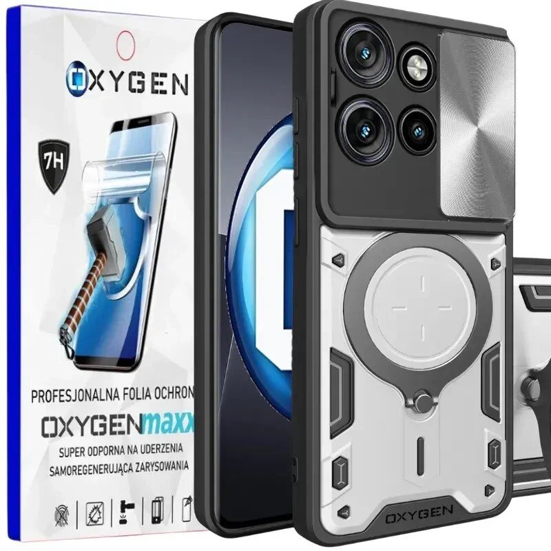 Na obrazie widoczne jest etui na telefon z trzema dużymi obiektywami aparatu oraz opakowanie z napisem \'OXYGEN\'. Na opakowaniu znajduje się tekst: \'PROFESJONALNA FOLIA OCHRONNA OXYGENmaxx SUPER ODPORNA NA UDERZENIA SAMOREGENERUJĄCA ZARYSOWANIA\'.