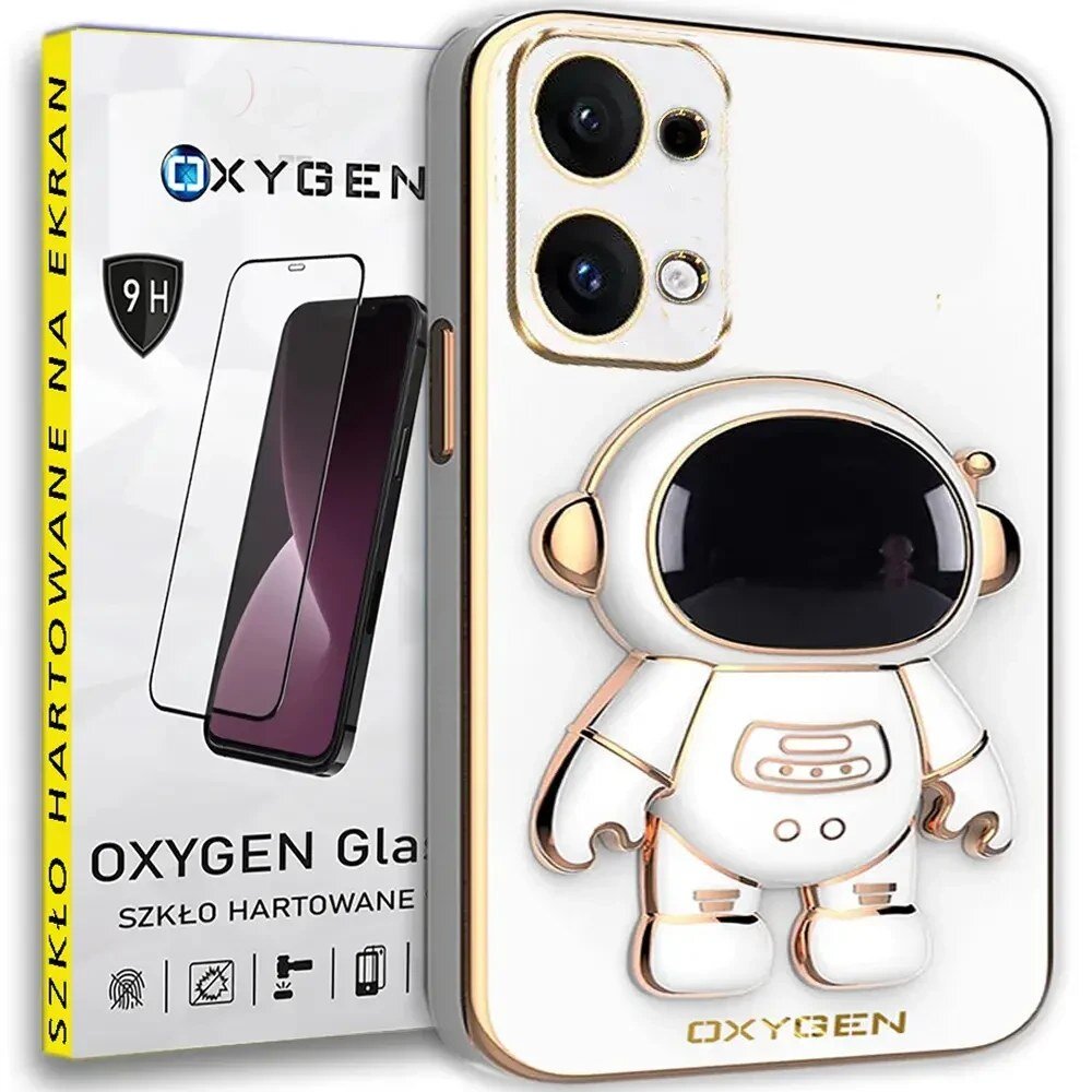 Na obrazie widoczne jest etui na telefon z motywem astronauty oraz opakowanie szkła hartowanego z napisem \'OXYGEN Glass Szkło Hartowane\'.
