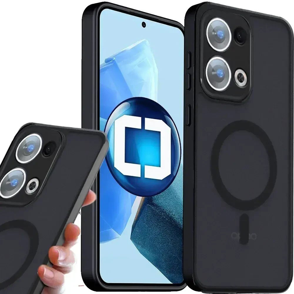 Obraz przedstawia czarne etui na telefon z widocznym okręgiem MagSafe oraz trzema otworami na aparaty. W tle znajduje się telefon z wyświetlaczem i logo w kształcie niebieskiego okręgu z białym symbolem w środku.