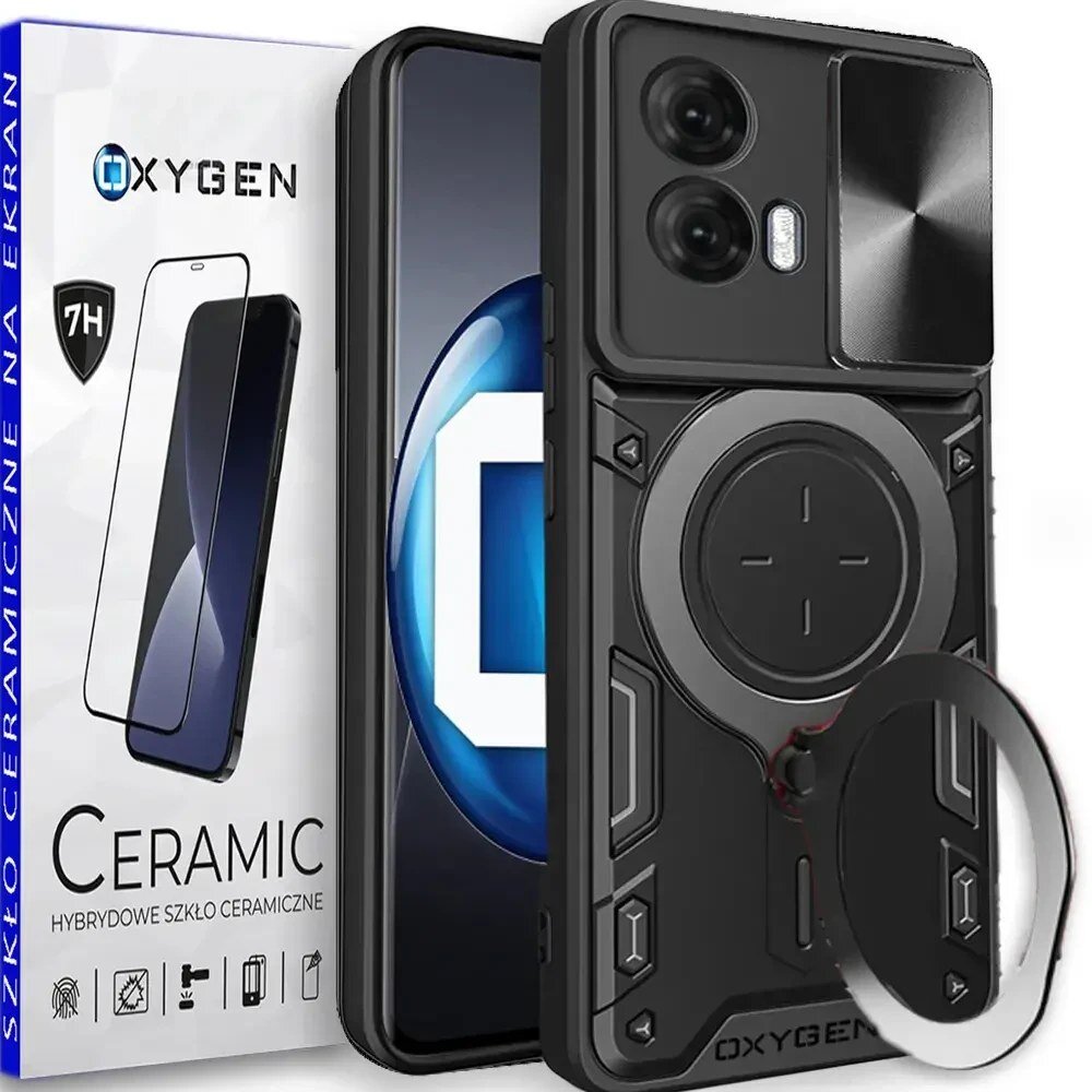 Na obrazie widoczne jest czarne etui na telefon z okrągłym wzorem oraz opakowanie z napisem \'OXYGEN\' i \'CERAMIC HYBRYDOWE SZKŁO CERAMICZNE\'.