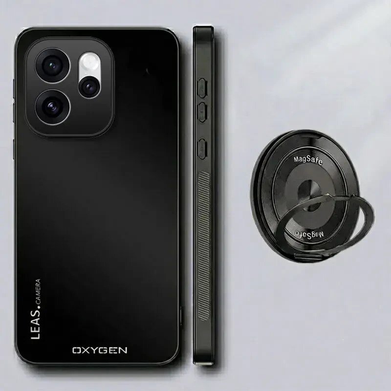 Obraz przedstawia czarne etui na telefon z napisem \'LEAS. CAMERA OXYGEN\' oraz uchwyt MagSafe z widocznym napisem \'MagSafe\'.