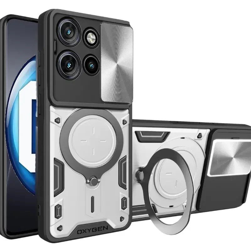 Obraz przedstawia etui na telefon z napisem \'OXYGEN\', zaprojektowane z wyraźnymi elementami ochronnymi i miejscem na aparat. W tle widoczny jest telefon z dużym ekranem.