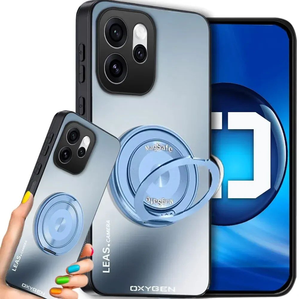 Obraz przedstawia etui na telefon z napisem \'LEAS. CAMERA\' oraz \'OXYGEN\'. Etui posiada okrągły uchwyt z napisem \'MagSafe\'.