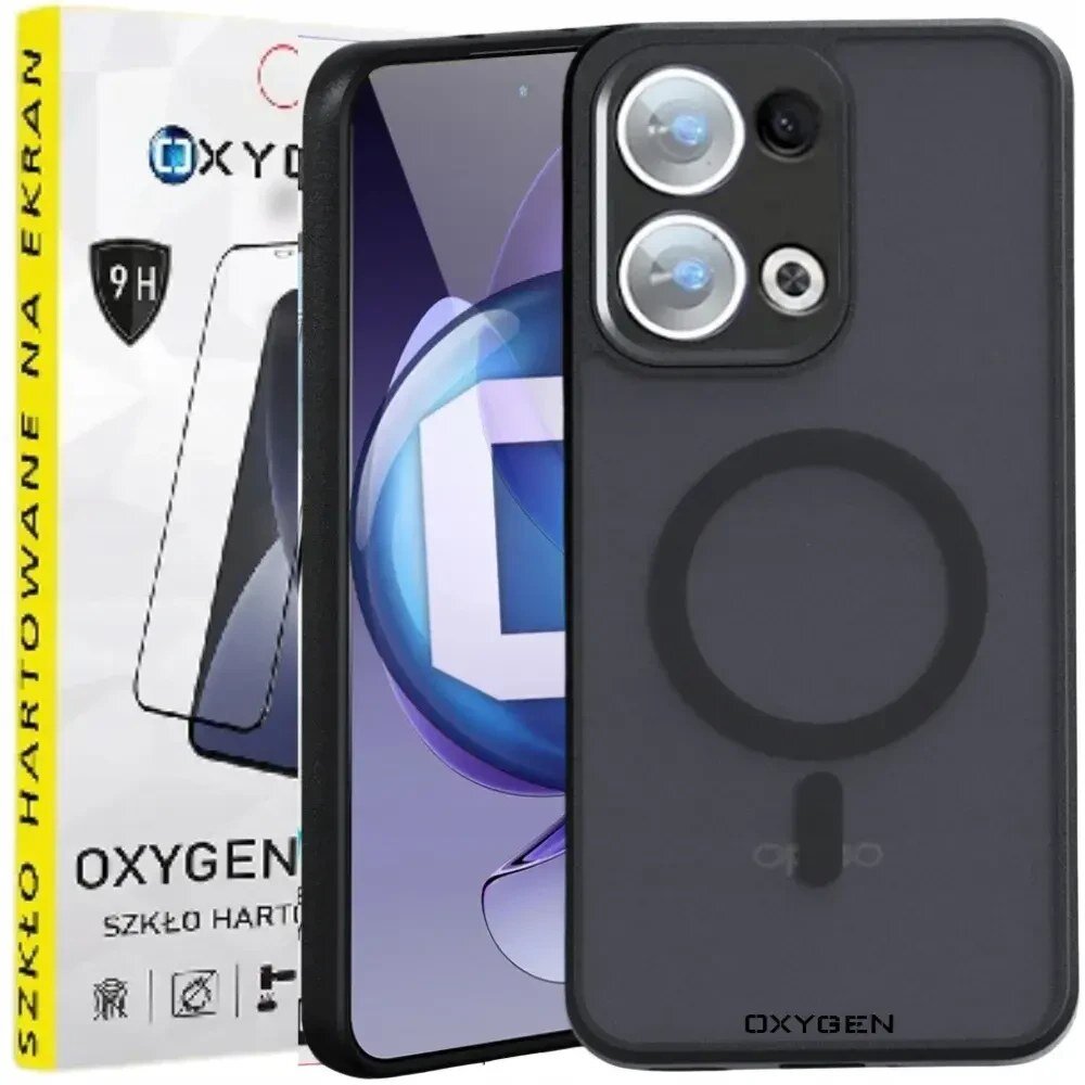 Na obrazie widoczne jest etui na telefon z logo OXYGEN oraz opakowanie z napisem \'SZKŁO HARTOWANE NA EKRAN 9H\'. Etui posiada okrągły wzór sugerujący kompatybilność z MagSafe.
