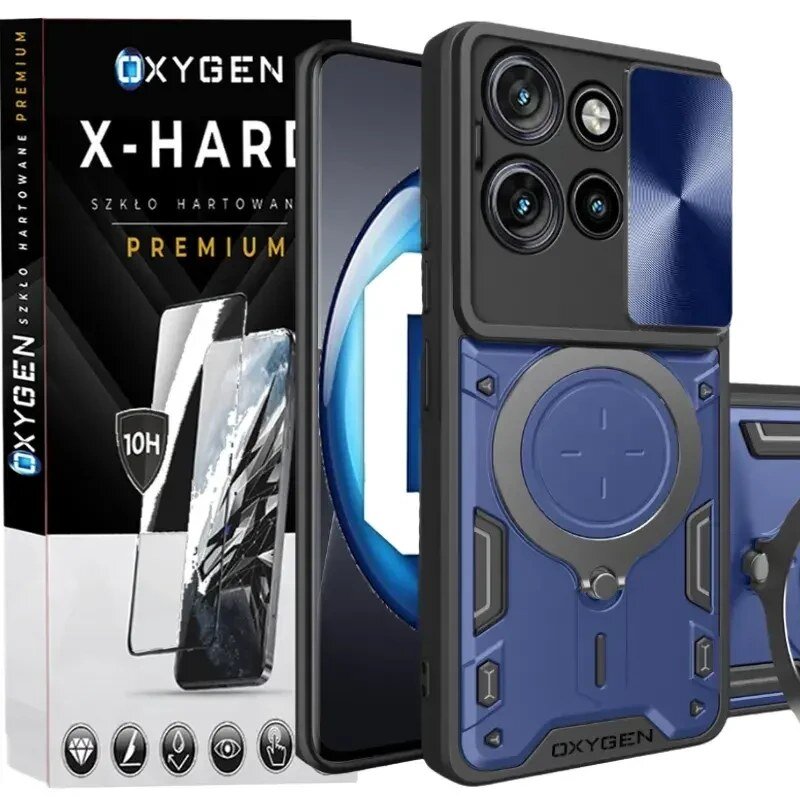 Na obrazie widoczne jest etui na telefon w kolorze niebieskim z czarnymi elementami oraz opakowanie szkła hartowanego z napisem \'OXYGEN X-HARD SZKŁO HARTOWANE PREMIUM\'.