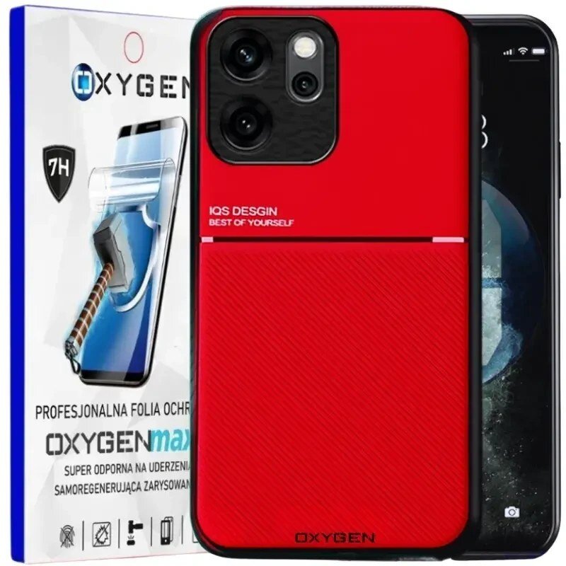 Na obrazie widoczne jest czerwone etui na telefon z napisem \'IQS DESIGN BEST OF YOURSELF\' oraz opakowanie z napisem \'OXYGENmax\' i grafiką młotka uderzającego w ekran. Logo \'OXYGEN\' znajduje się na opakowaniu.