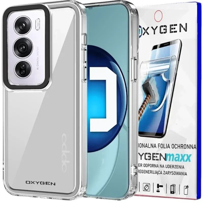 Przezroczyste etui na telefon z widocznym logo \'OXYGEN\' oraz trzema obiektywami aparatu. W tle opakowanie z napisem \'OXYGENmaxx\' i grafiką młotka uderzającego w ekran.