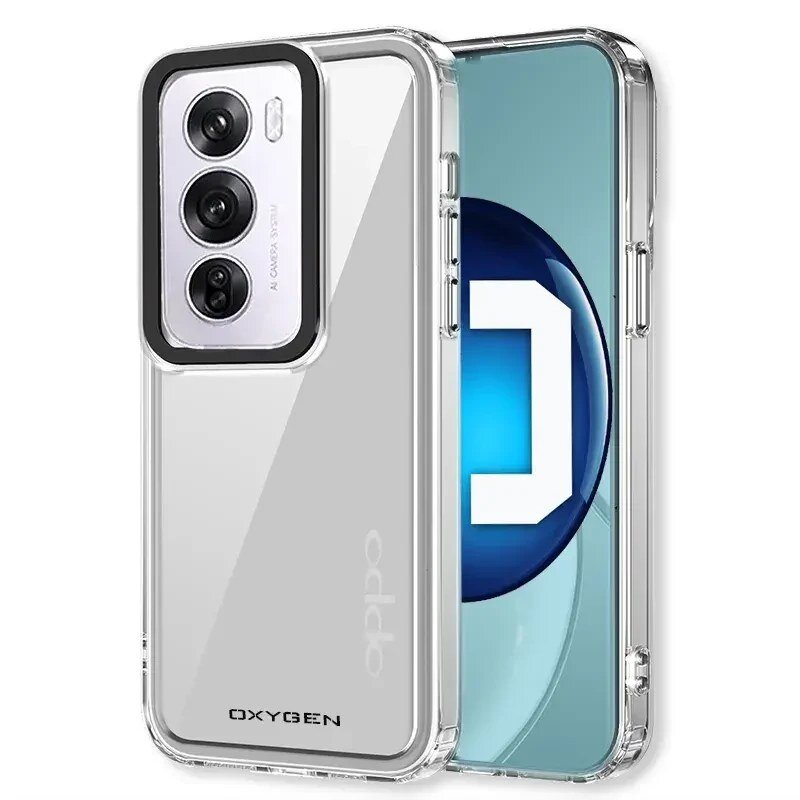 Przezroczyste etui na telefon z trzema widocznymi obiektywami aparatu i napisem \'OXYGEN\' na dole. W tle widać ekran telefonu z niebieskim wzorem.