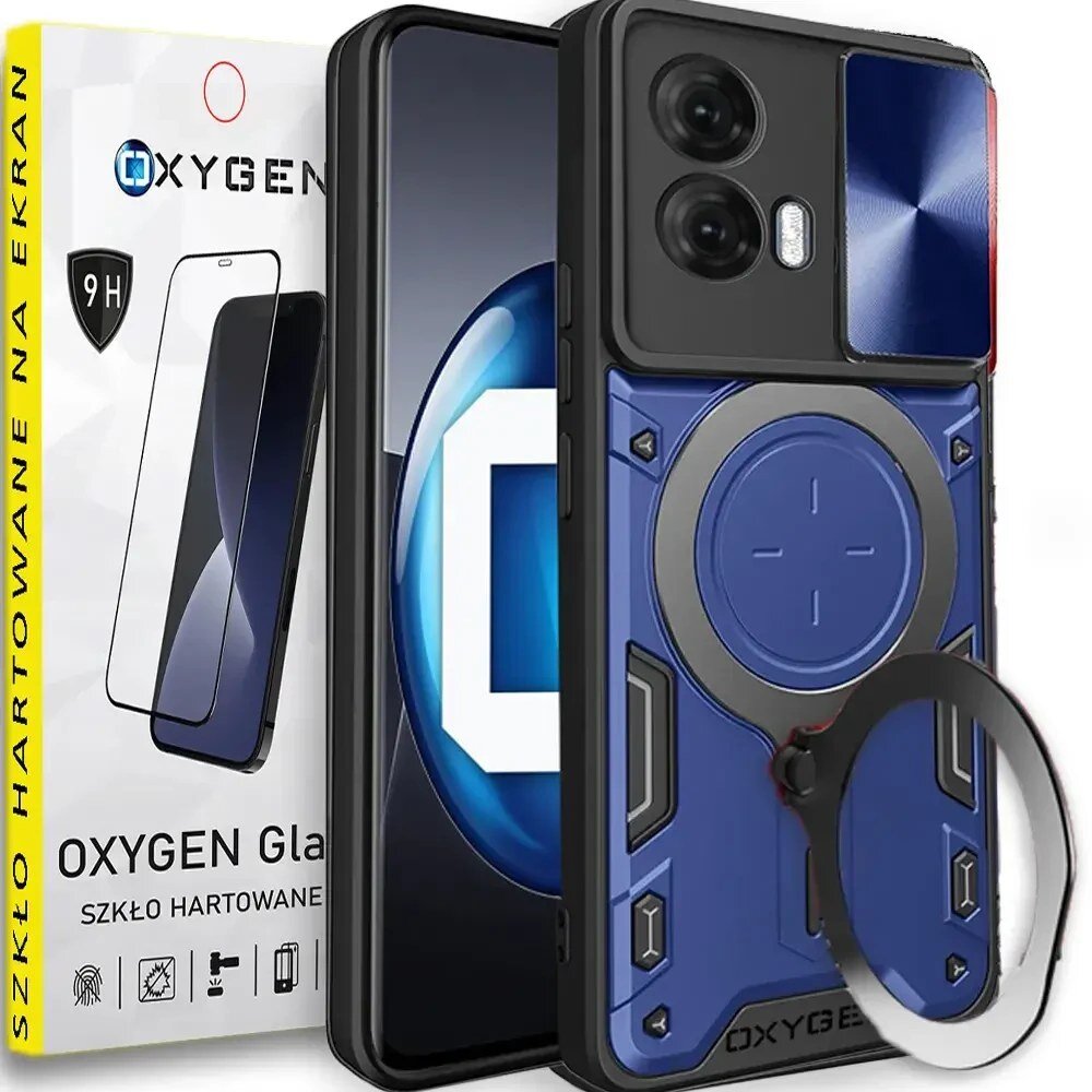 Na obrazie widoczne jest etui na telefon w kolorze niebieskim z czarnymi elementami oraz szkło hartowane 9H marki OXYGEN. Opakowanie szkła hartowanego zawiera napis \'SZKŁO HARTOWANE NA EKRAN\'.
