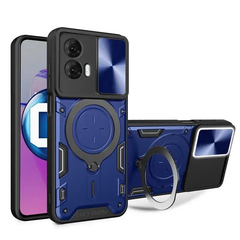 Na obrazie widoczne jest niebieskie etui na telefon z okrągłym wzorem i napisem \'OXYGEN\' na dole. Obok znajduje się telefon z wyświetlaczem oraz etui z metalicznym elementem w górnej części.