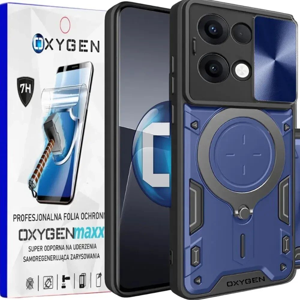 Na obrazie widoczne jest etui na telefon w kolorze niebieskim z czarnymi elementami oraz opakowanie z napisem \'OXYGEN\'. Na opakowaniu znajduje się tekst: \'PROFESJONALNA FOLIA OCHRONNA OXYGENmaxx SUPER ODPORNA NA UDERZENIA SAMOREGENERUJĄCA ZARYSOWANIA\'.