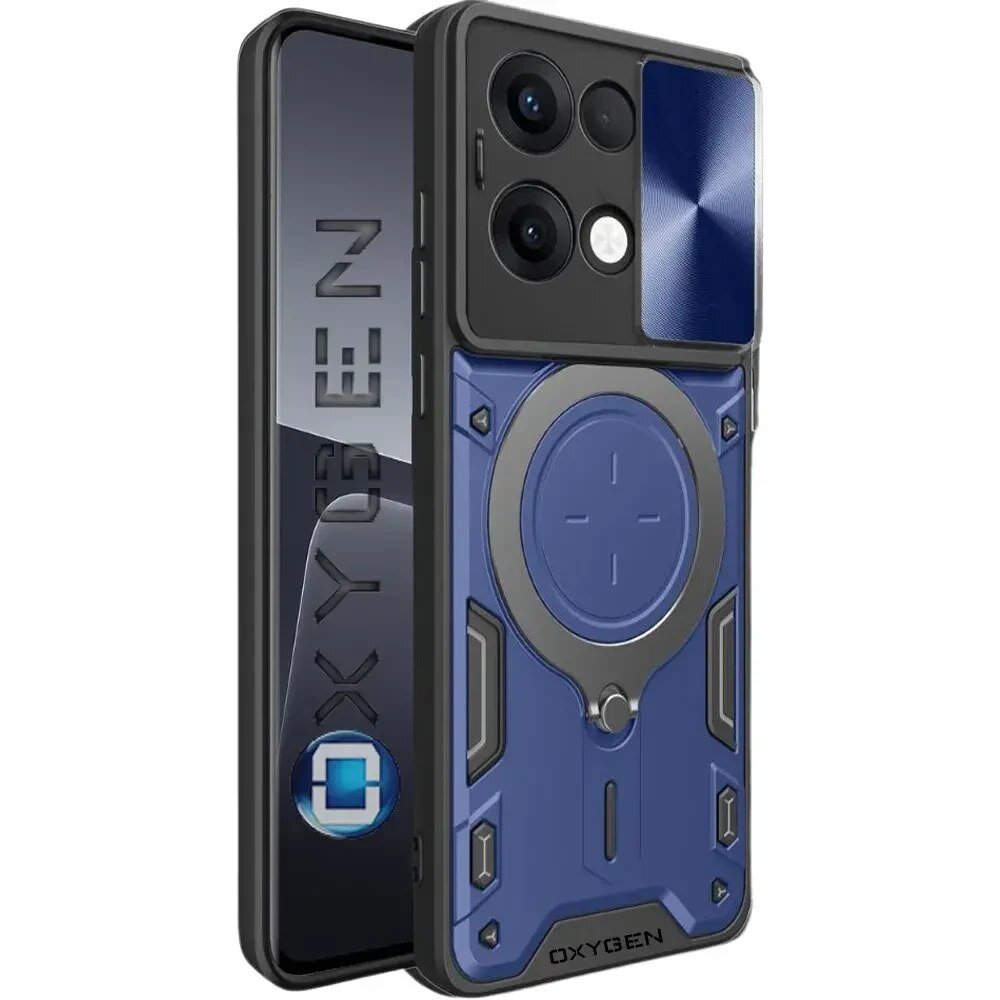 Na obrazie widoczne jest etui na telefon w kolorze niebieskim z czarnymi i srebrnymi elementami, z napisem \'OXYGEN\'. Obok etui znajduje się telefon z widocznym napisem \'OXYGEN\' na ekranie.