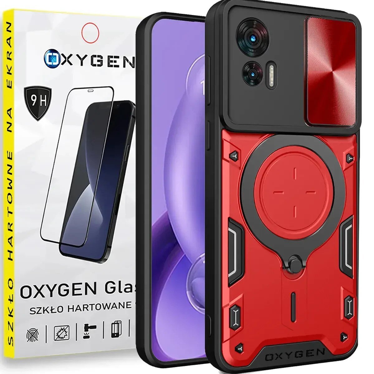 Na obrazie widoczne jest czerwone etui na telefon z okrągłym wzorem oraz opakowanie szkła hartowanego z napisem \'OXYGEN Glass SZKŁO HARTOWANE NA EKRAN\'.