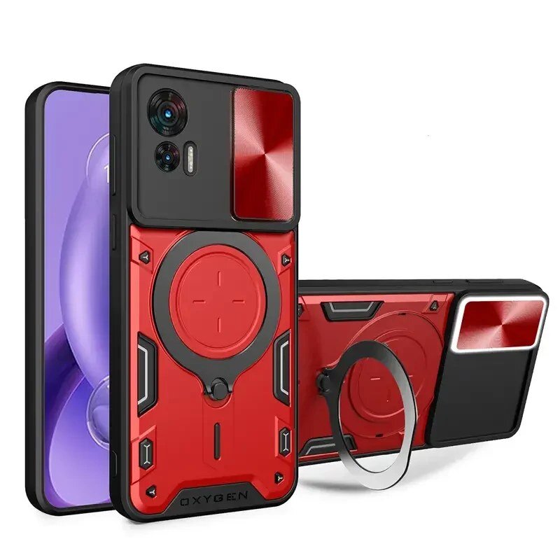 Obraz przedstawia czerwone etui na telefon z czarnymi akcentami i okrągłym uchwytem, z widocznym napisem \'OXYGEN\'. Etui jest dopasowane do telefonu z dwoma obiektywami aparatu i błyszczącym elementem w rogu.