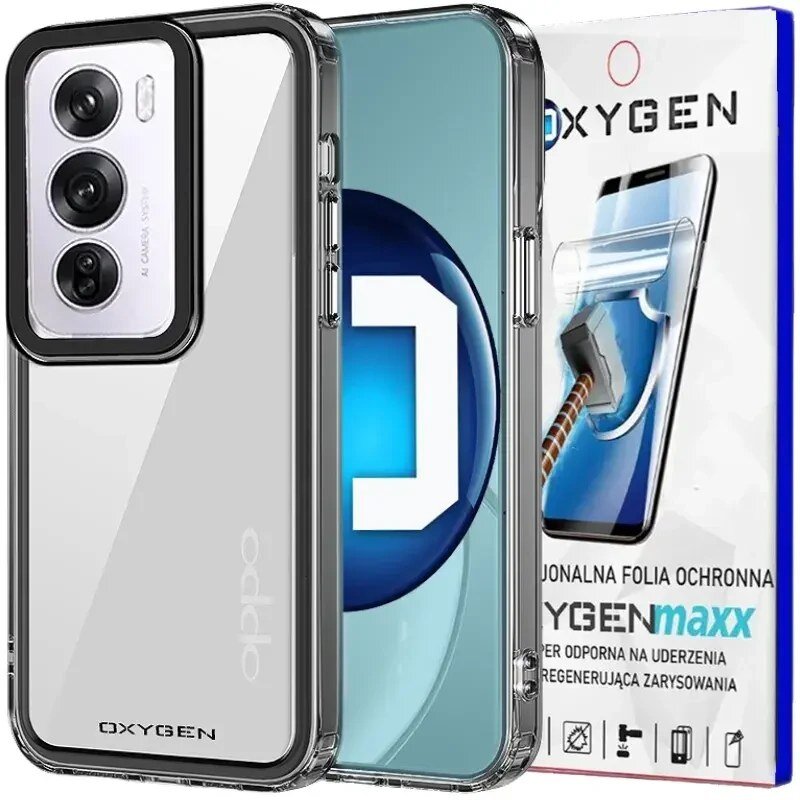Obraz przedstawia przezroczyste etui na telefon z trzema widocznymi obiektywami aparatu oraz opakowanie z napisem \'OXYGENmaxx\'. Na opakowaniu widoczna jest grafika młotka uderzającego w ekran telefonu.