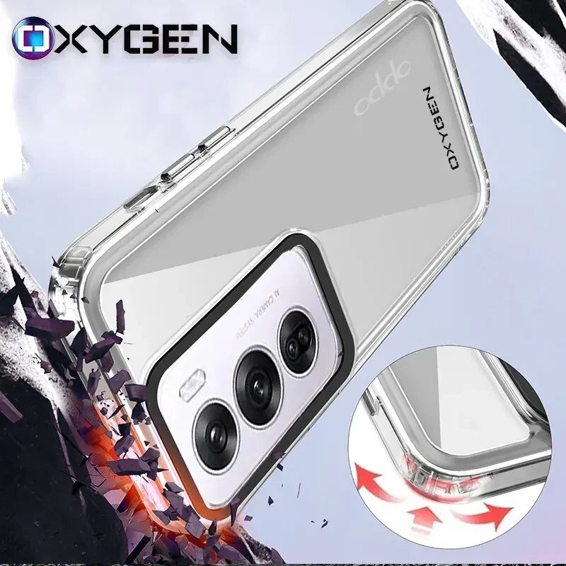 Przezroczyste etui na telefon z widocznym logo \'OXYGEN\' i \'oppo\', z trzema obiektywami aparatu. Wstawka pokazuje szczegół etui z czerwonymi strzałkami wskazującymi na wzmocnione narożniki.