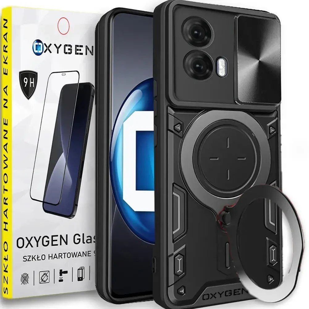 Na obrazie widoczne jest etui na telefon z czarnym, futurystycznym wzorem oraz opakowanie szkła hartowanego z napisem \'OXYGEN Glass\' i \'Szkło Hartowane na Ekran\'.