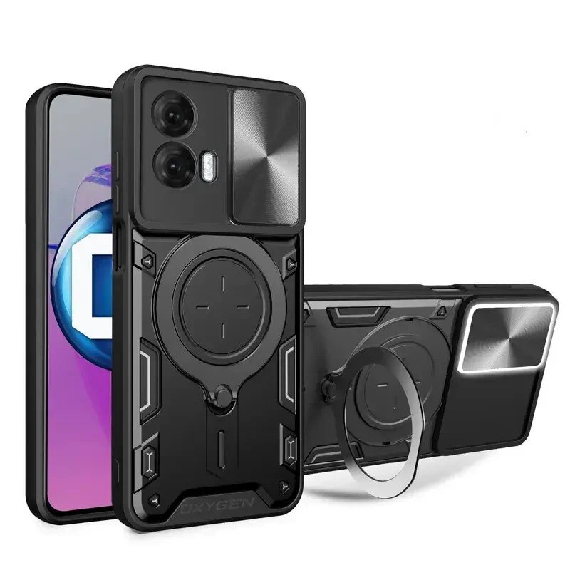 Obraz przedstawia czarne etui na telefon z napisem \'OXYGEN\', z okrągłym wzorem na tylnej części. Obok etui znajduje się telefon z wyświetlaczem pokazującym literę \'D\'.