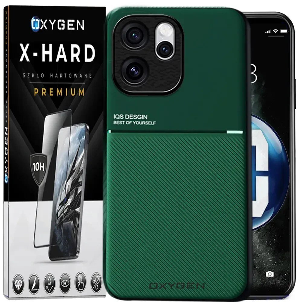 Obraz przedstawia zielone etui na telefon z napisem \'IQS DESIGN BEST OF YOURSELF\' oraz opakowanie szkła hartowanego z logo \'OXYGEN X-HARD\'.