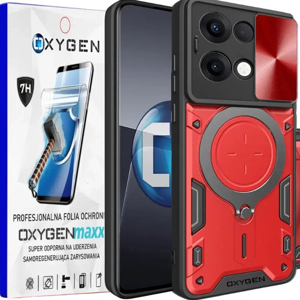 Na obrazie widoczne jest czerwone etui na telefon z trzema dużymi otworami na aparaty oraz opakowanie z napisem \'OXYGENmaxx\'. Na opakowaniu znajduje się również tekst: \'PROFESJONALNA FOLIA OCHRONNA SUPER ODPORNA NA UDERZENIA SAMOREGENERUJĄCA ZARYSOWANIA\'.