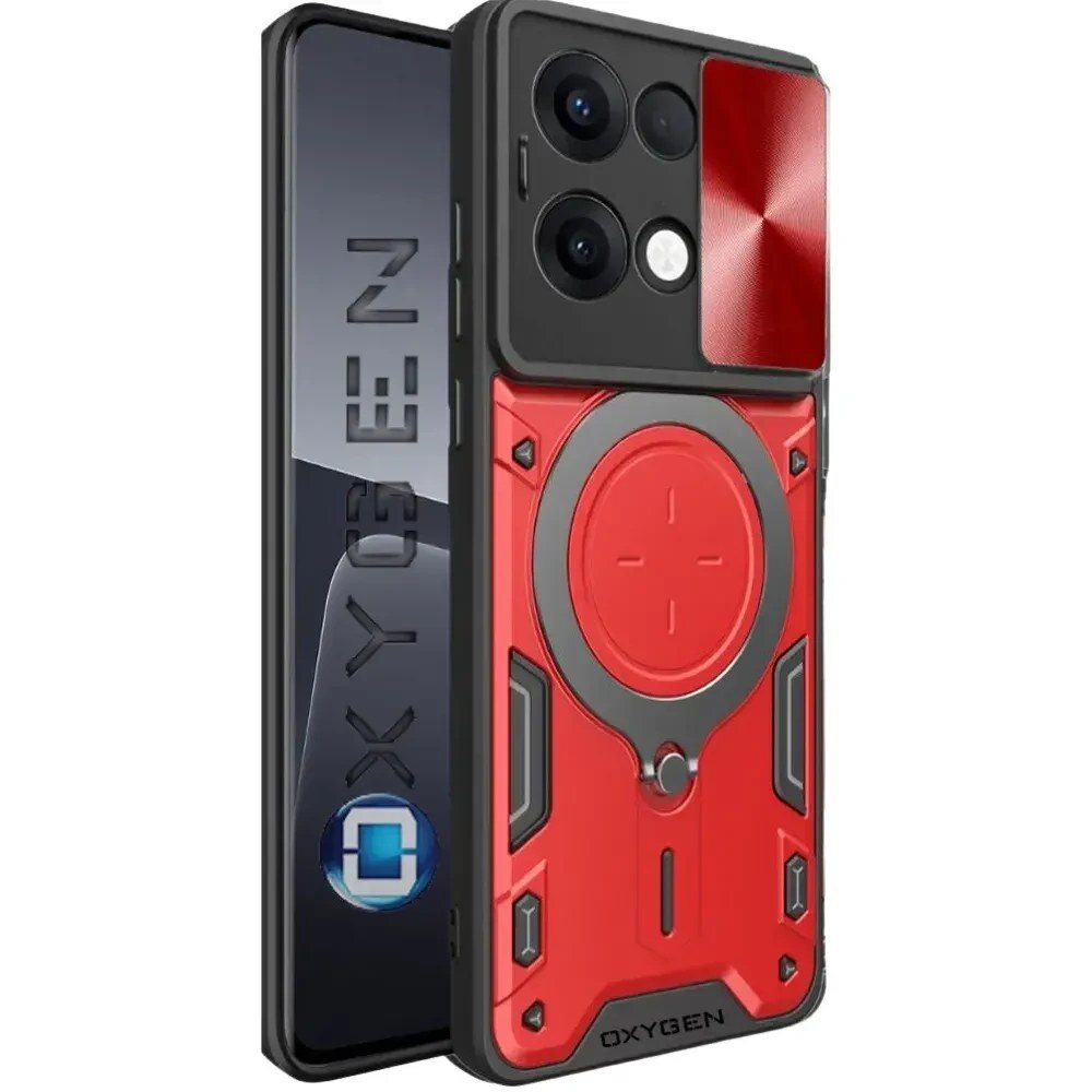 Obraz przedstawia czerwone etui na telefon z napisem \'OXYGEN\' oraz trzema widocznymi obiektywami aparatu. Na ekranie telefonu widoczny jest napis \'OXYGEN\' oraz logo w kształcie niebieskiego kwadratu z białym symbolem w środku.