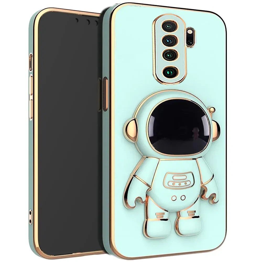 Etui na telefon w kolorze miętowym z wytłoczonym wzorem astronauty w złotych akcentach. Widoczne są otwory na aparat i przyciski boczne.